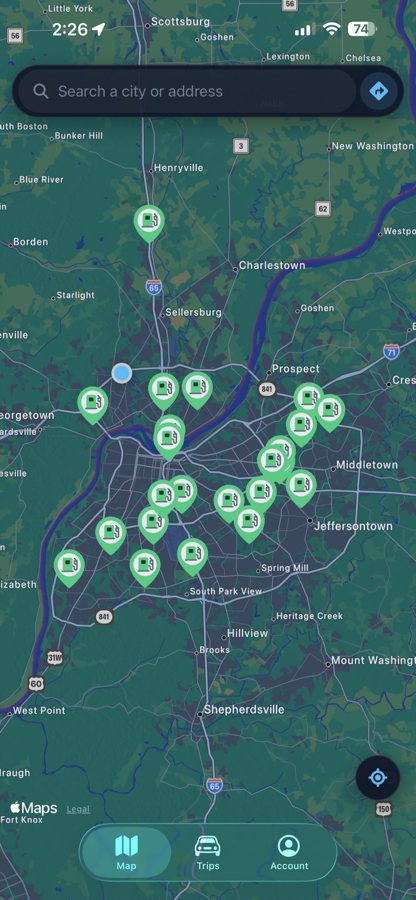 The GetE85 map showing E85 stations across a metro area