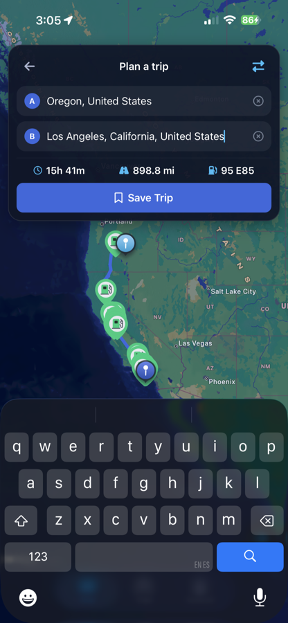 Entering a start and destination in the trip planner