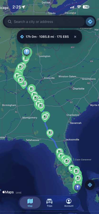 The GetE85 map showing a route from Indiana to Florida with 175 E85 stations along it