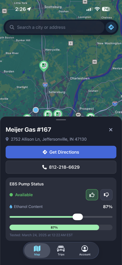A station on the route showing its address, pump status and ethanol reading
