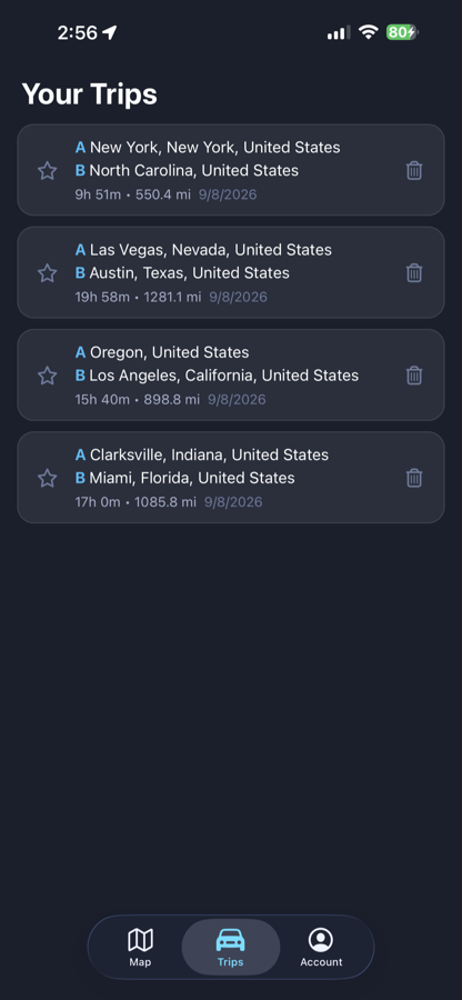 A list of saved trips with distance and drive time